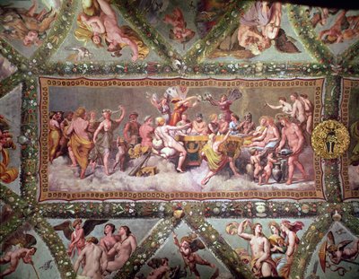 The Banquet of the Gods, ceiling painting of the Courtship and Marriage of Cupid and Psyche by Raffaello Sanzio Raphael